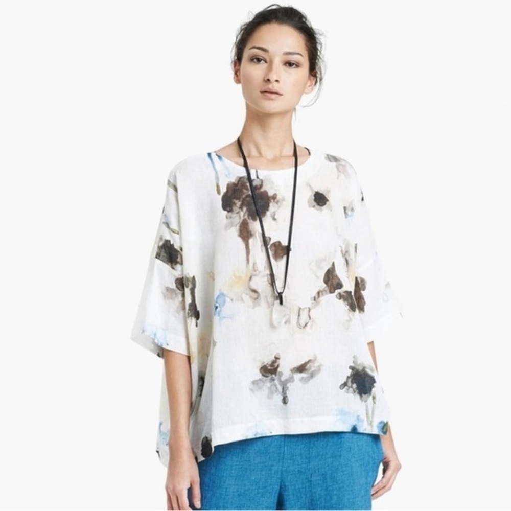 Eskandar Delave Watercolor Flower Linen Top
